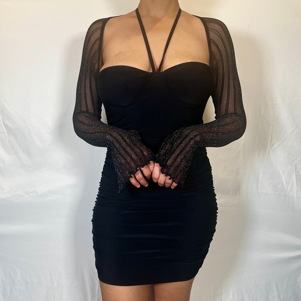 Black Cocktail Party Dress with Sheer Sleeves NYE